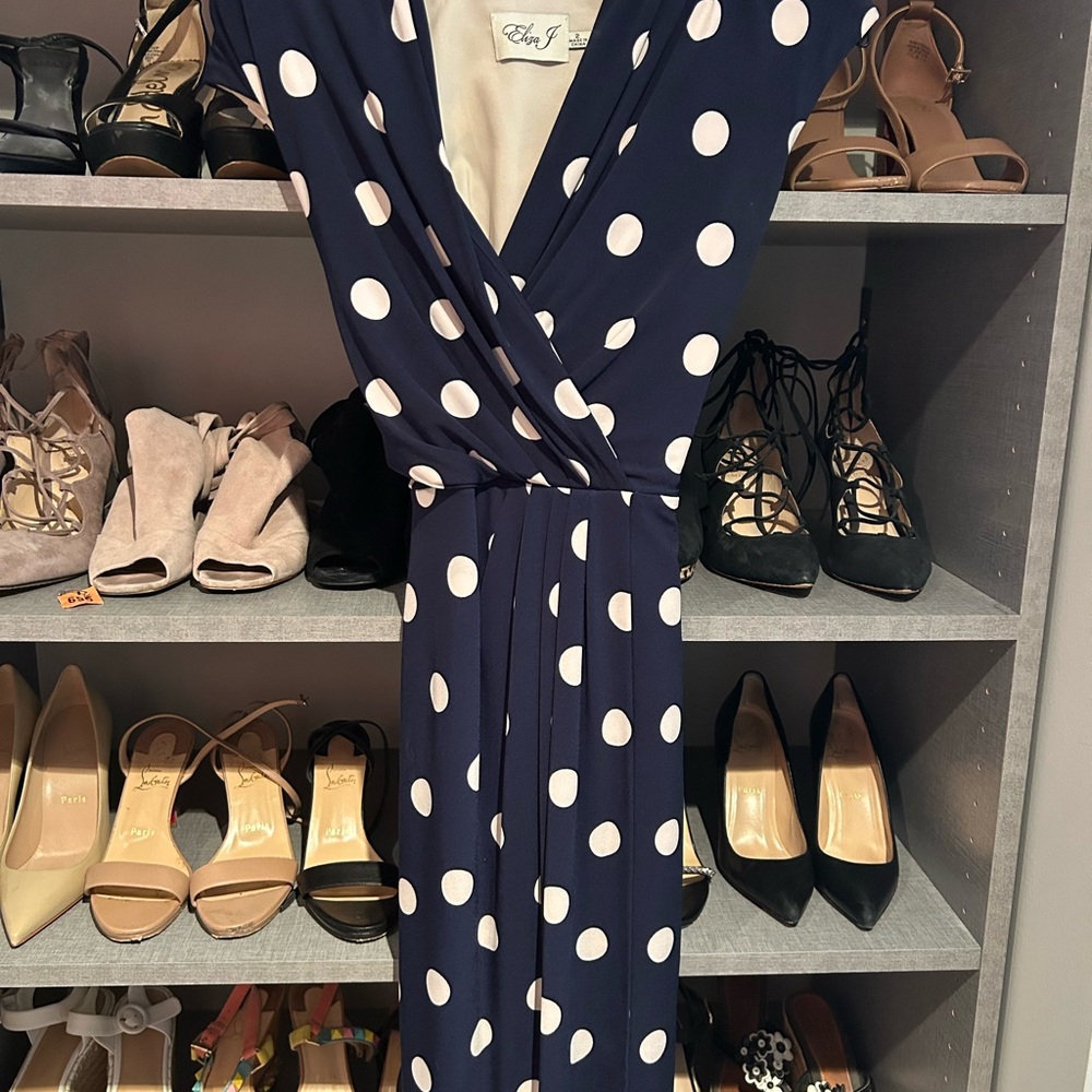 Eliza J Blue and White Wrap Dress with V-Neck and Long Sleeves